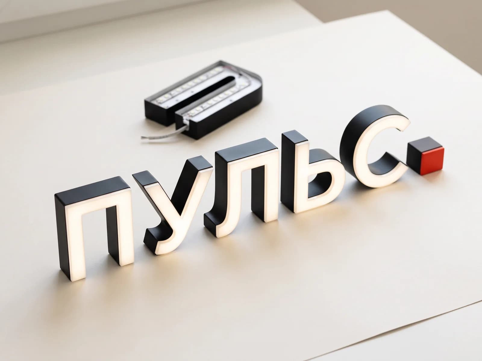 Объёмные световые буквы «ПУЛЬС» с подсвеченными лицевыми панелями, рядом буква со снятой лицевой частью